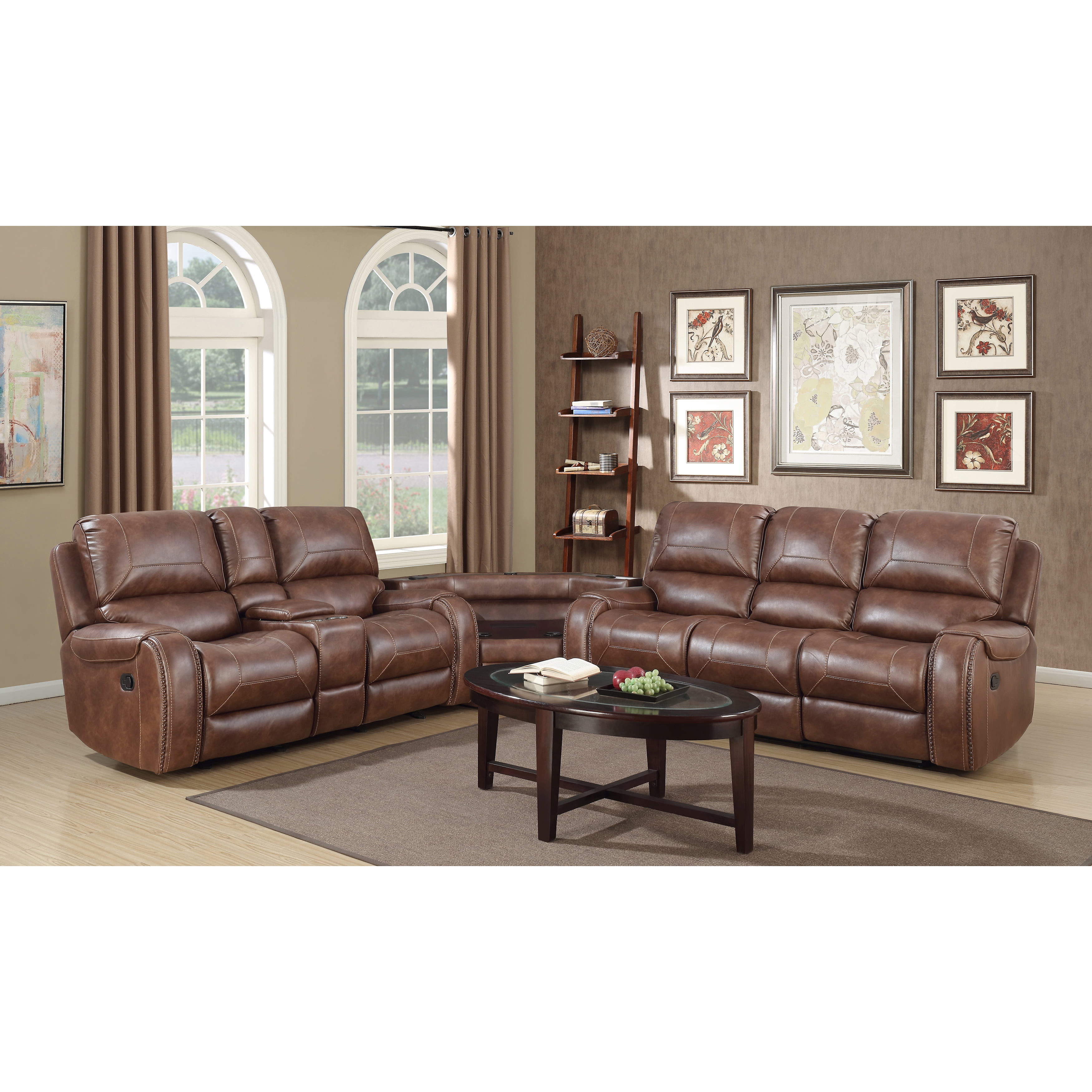 Roundhill Furniture Achern Brown LeatherAir Nailhead Manual Reclining