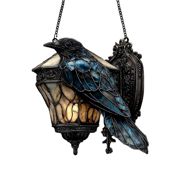 Raven Gothic on Lantern 2D Acrylic Suncatcher Ornament Stained Glass Halloween Crow on Lamp Halloween Decor for Dark Academia Home