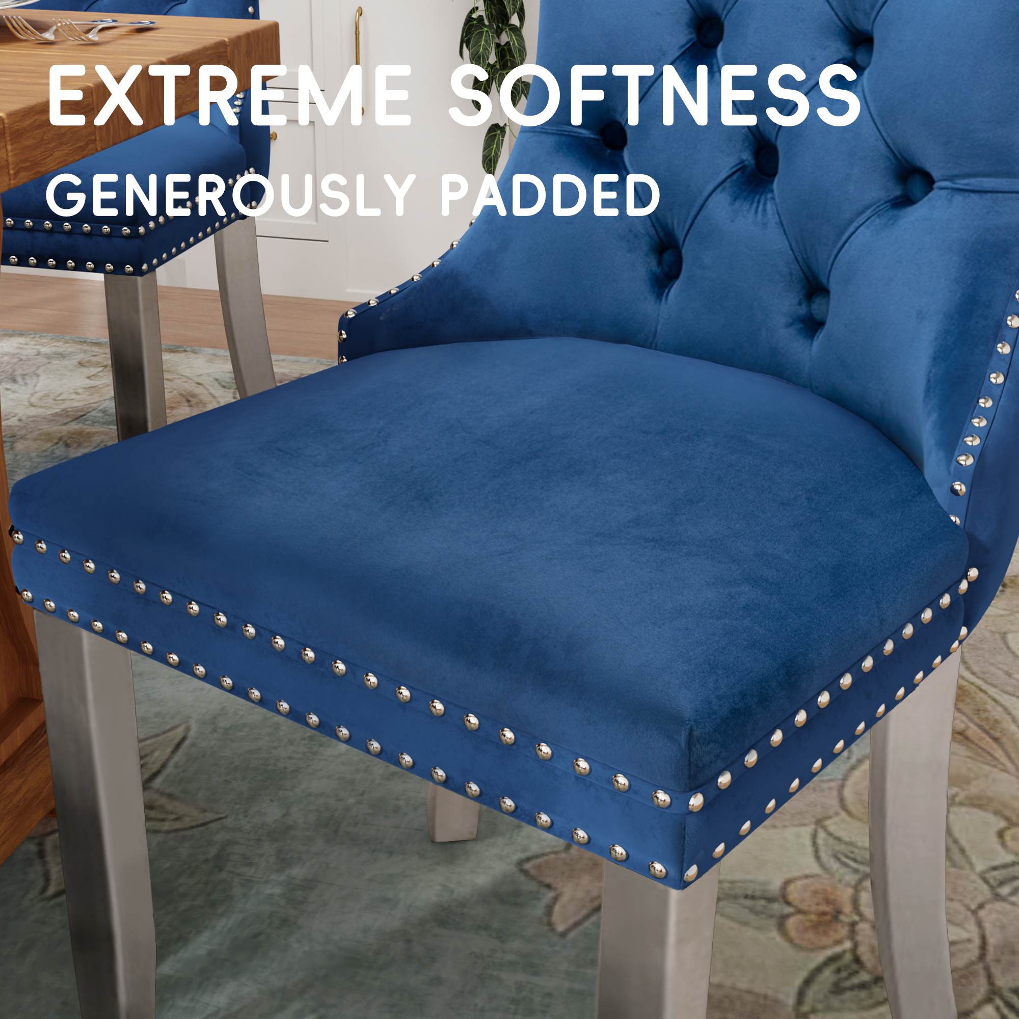 DONICK Velvet Upholstered Dining Chairs,Kitchen & Dining Room Chairs,Nailheads Tufted,Soft,Solid Wood Frame(Blue Silver,Set of 6)