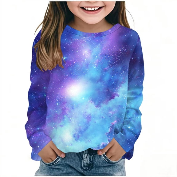 MKOSPLRT Girl's Tops Crew Neck Sparkly Print Sihrts Long Sleeve 3D Print T Shirts Lounge Blouses Glitter Tees Gifts for Kid 3-14 Years
