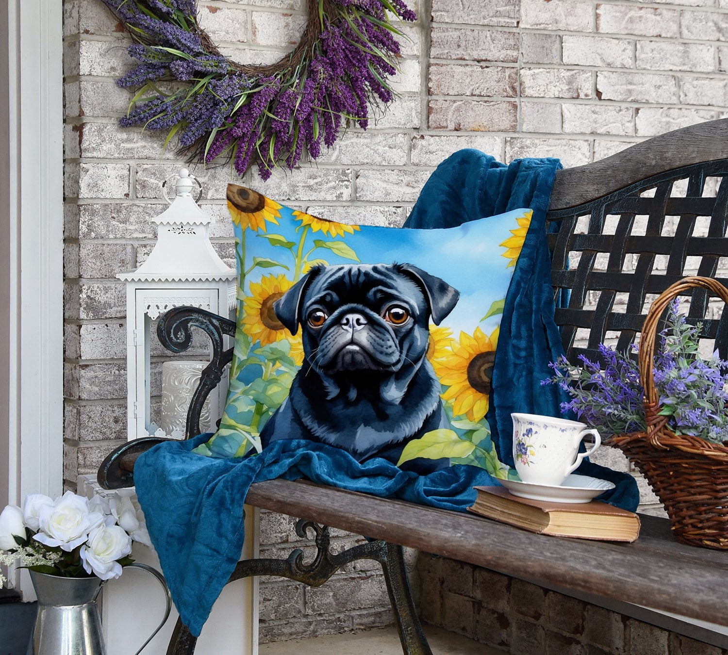 Pug in Sunflowers Throw Pillow 18 in x 18 in