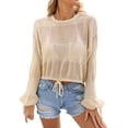 thumbnail image 2 of Qzwdhjm Crochet Swimsuit Coverup Top for Women Cropped Long Bell Sleeve Beach Tops Hollow Out Crewneck Bathing Suit Cover Up for Summer Beach, 2 of 9