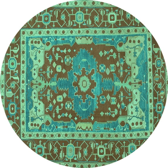 Ahgly Company Machine Washable Indoor Round Persian Turquoise Blue Traditional Area Rugs, 5' Round