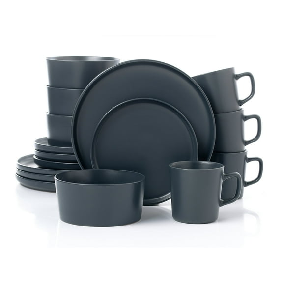 Lorren Home Trends Gray Stoneware Dinnerware Set, 16 Piece, Service for 4, Microwave and Dishwasher Safe