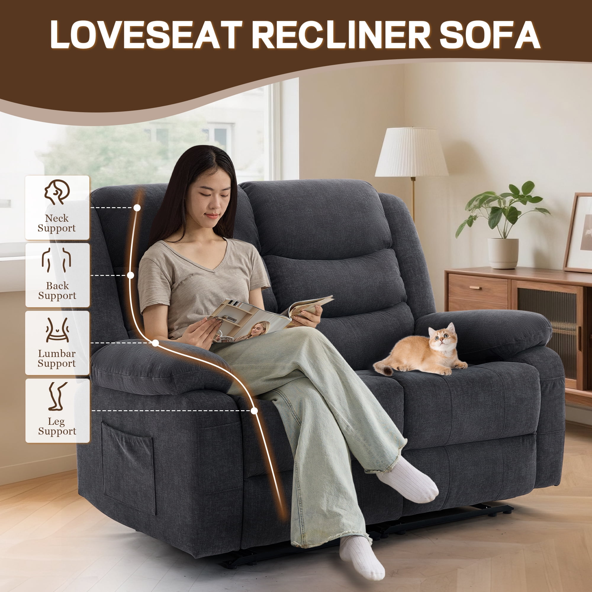 Korser Oversized Loveseat Recliner Sofa with Front Pockets and Side Pockets for Living Room,Home Theater,Grey