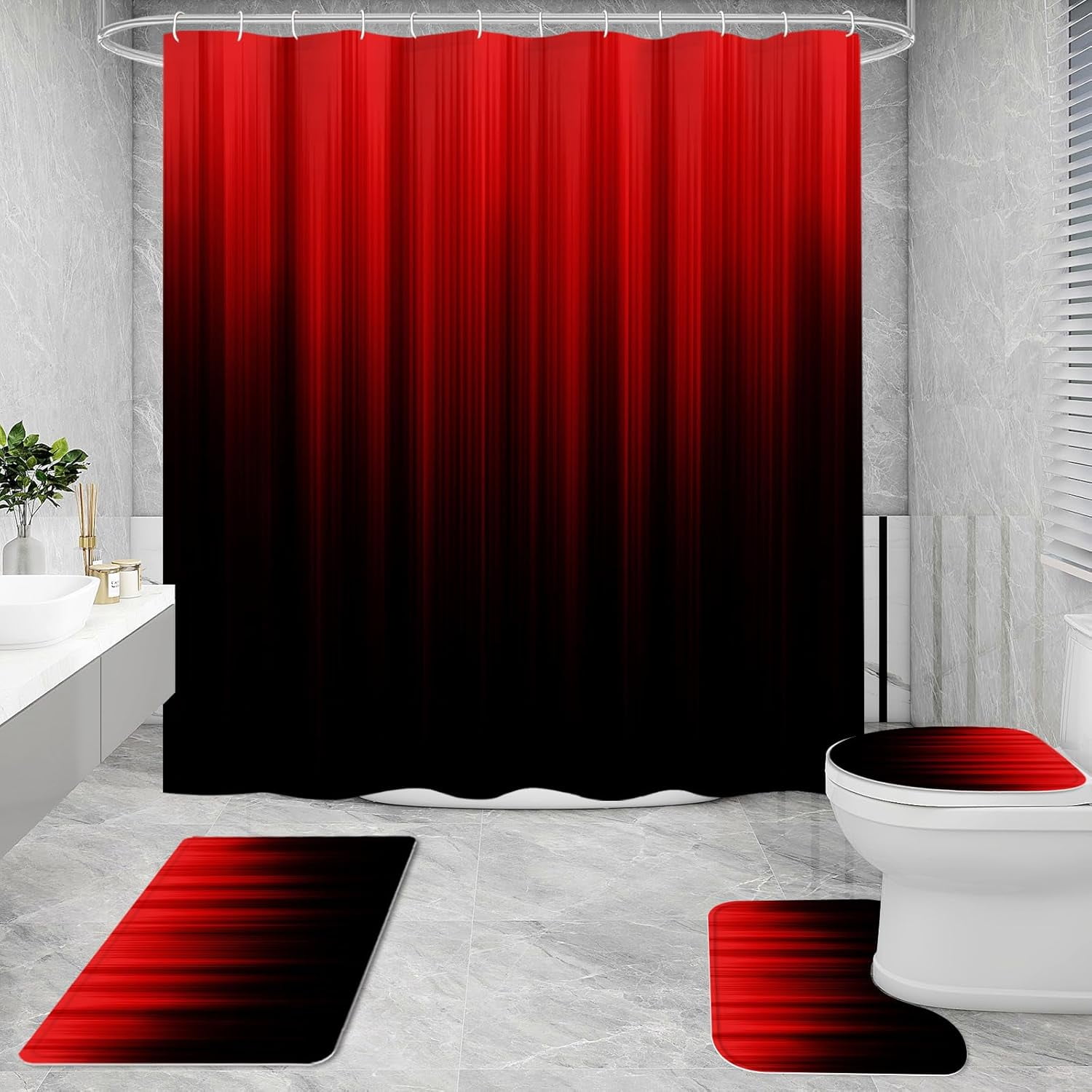 4 Pcs Red and Black Gradient Shower Curtain Set with Rugs and Toilet Lid Cover, Modern Simple Waterproof Fabric Bathroom Set, Ombre Stripe Gothic Abstract Bathroom Decor Set Accessories