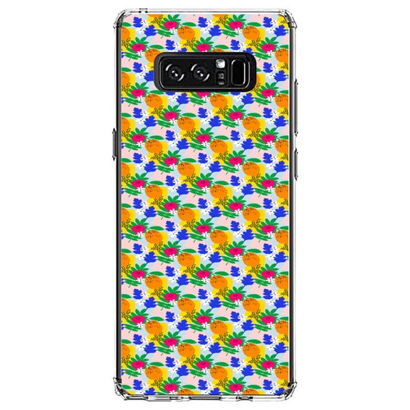 DistinctInk Clear Shockproof Hybrid Case for Samsung Galaxy Note 8 - TPU Bumper, Acrylic Back, Tempered Glass Screen Protector - Summer Vibes Floral Pattern Orange Blue Yellow