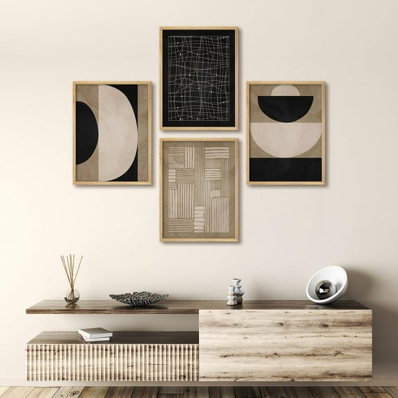 PixonSign Framed Wall Art Abstract Black and White Collection Posters, Set of 4 Minimalist Geometric Illustrations Wall Decor, Vintage Chic Adhesive Canvas Prints - 8"x10" Natural