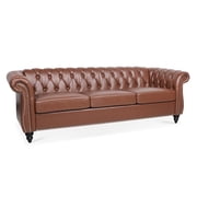 3 Seater Chesterfield Faux Leather Sofa, Button Tufted Couch With Nailhead Trim Rolled Arms for Living Room Office