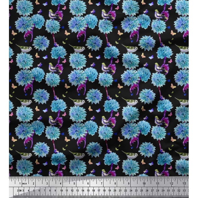 Soimoi Blue Cotton Poplin Fabric American Robin,Insect & Flower Printed Fabric 1 Yard 42 Inch Wide