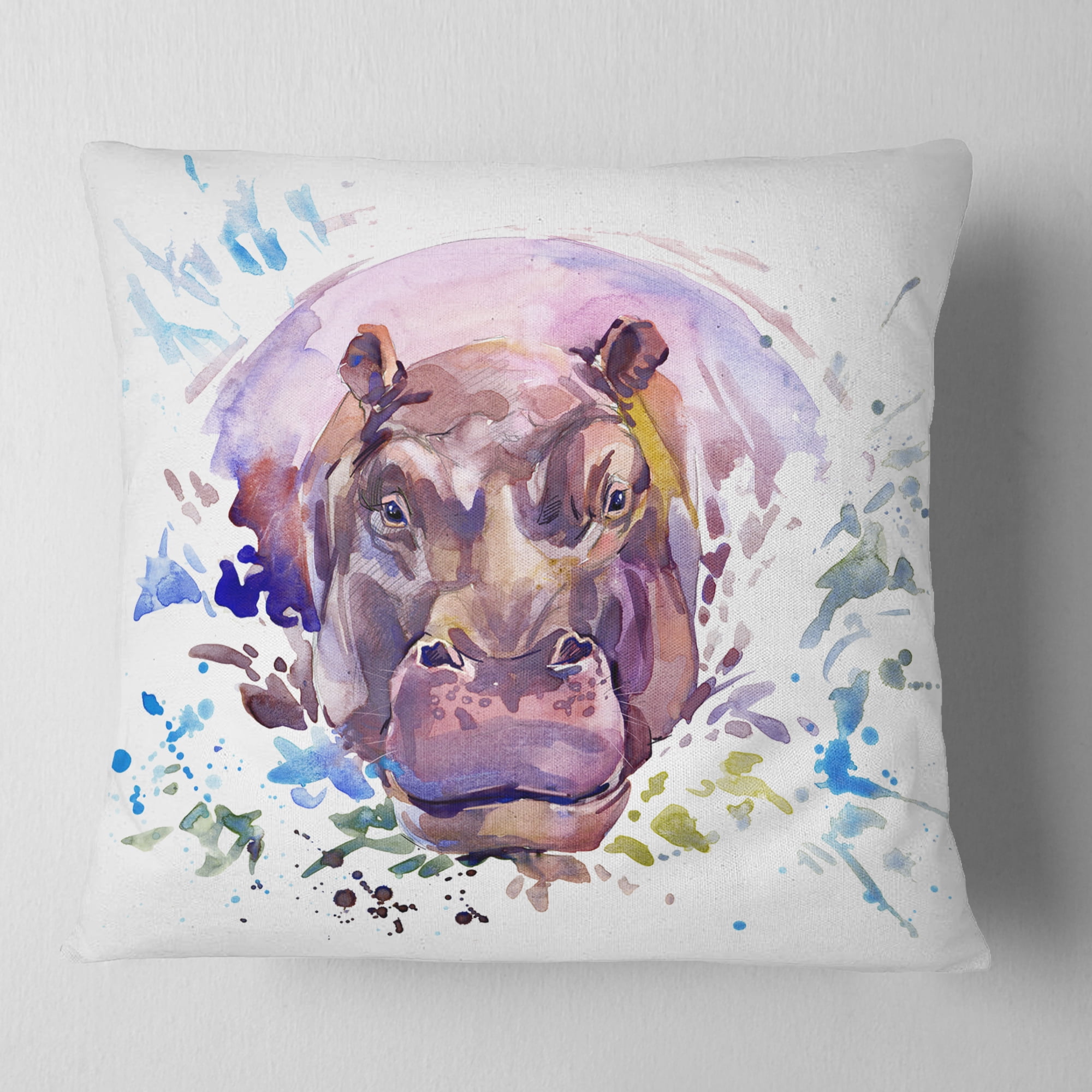 Designart Hippopotamus Watercolor - Animal Throw Pillow - 18x18
