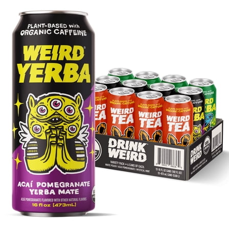 Drink Weird Variety Pack - Tea and Yerba Mate - 12pk 16oz cans Acai Pomegranate Yerba, Peach Oolong, Mint Yerba