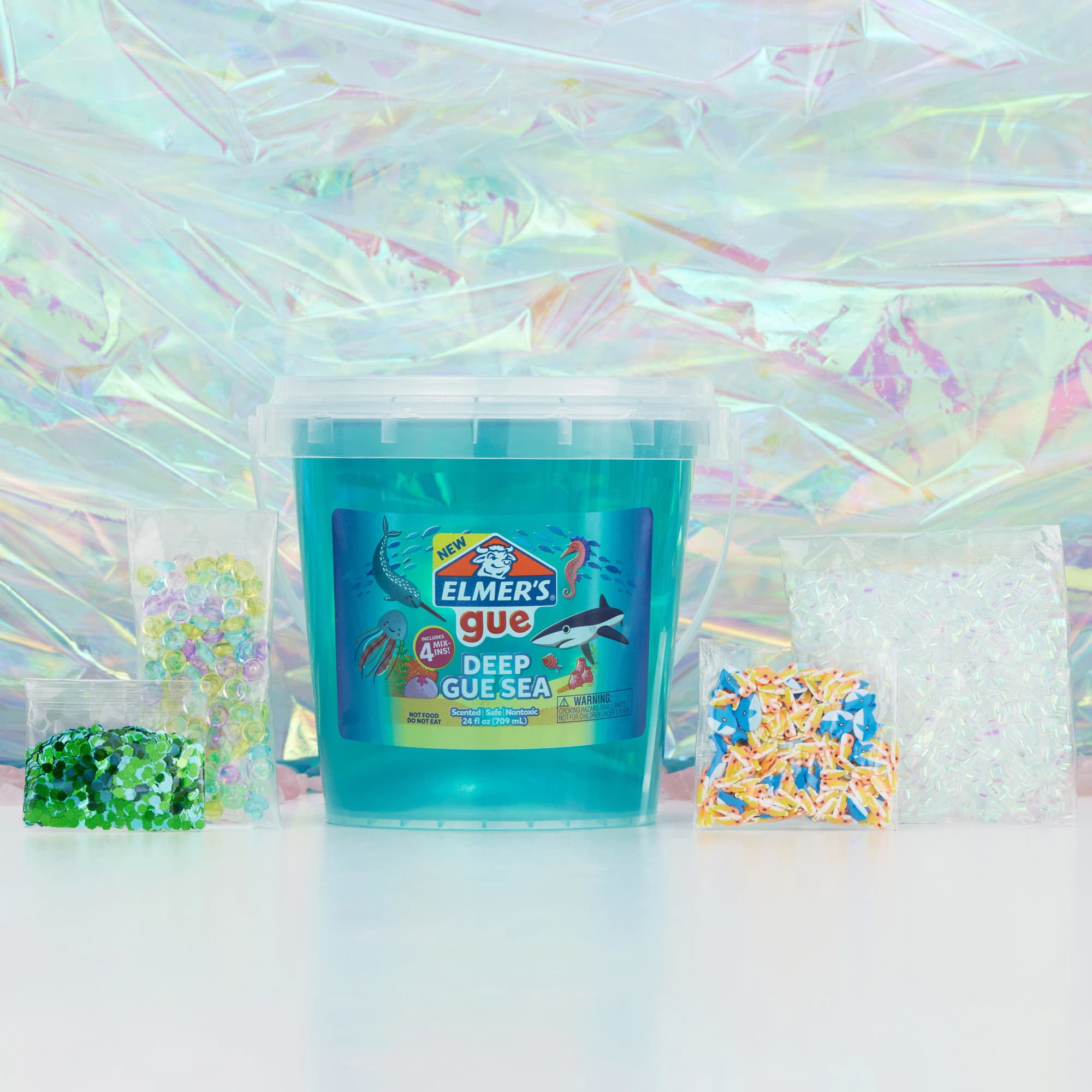 Elmer’s Gue Pre-Made Slime, Blue Clear Slime, Includes 4 Sets of Unique Mix-Ins, 1.5-lb Bucket