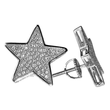 Real 925 Solid Sterling Silver Big Star Micro Pave Bling Iced Screw Back Hip Hop Earrings 18 mm