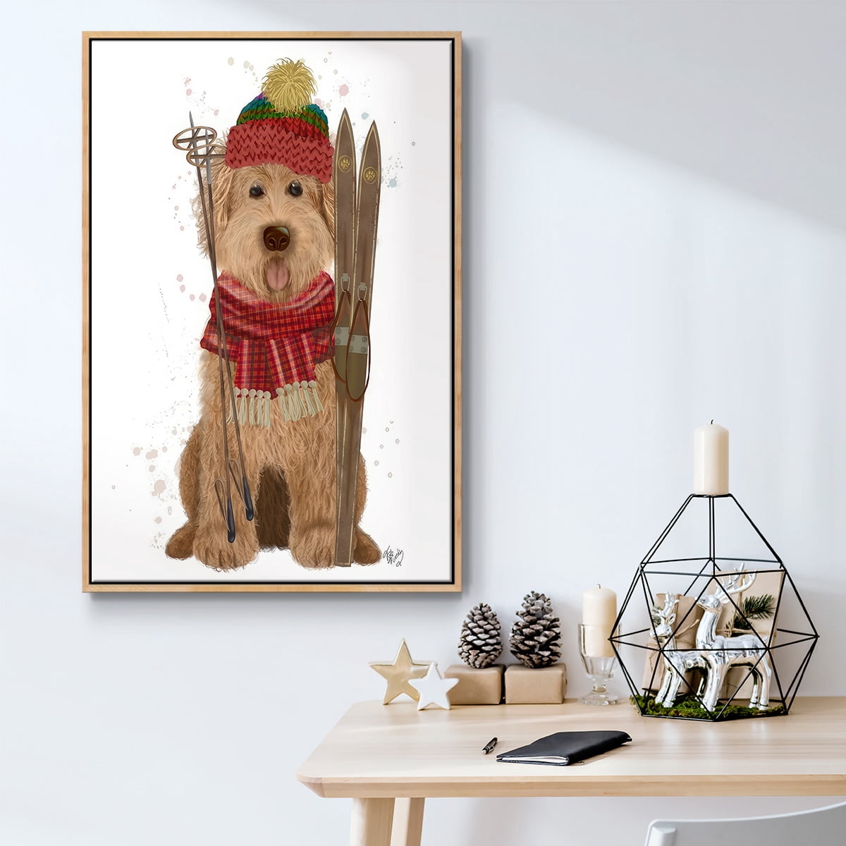 Goldendoodle Ski Dog - Framed Gallery Wrapped Holiday Canvas - 17 x 25 - Natural Wood Frame