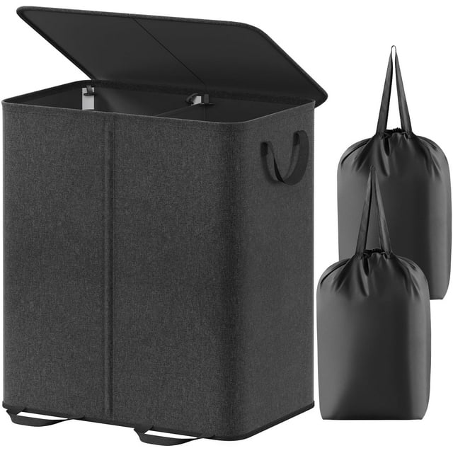 Cesto de ropa Lifewit doble con tapa y 2 bolsas, 155 L, color negro
