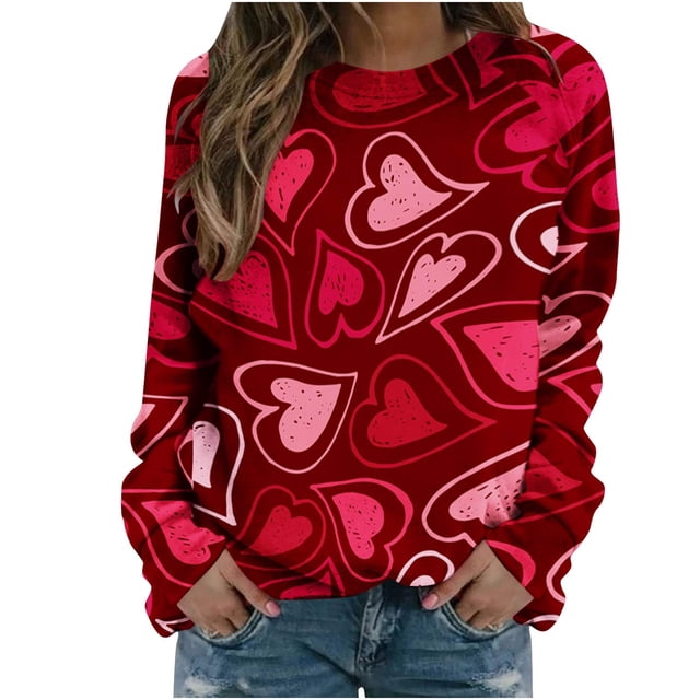 Womens Valentines Long Sleeve Shirts Casual Oversized Round Neck Printed Pullover Lightweight Tops Fall Clothes