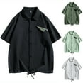 thumbnail image 3 of WREESH Men's Loose Casual Button Down Shirt Contrasting Pockets with Drawstring Hem, Short Sleeve Solid Print Olive Green, 3 of 5
