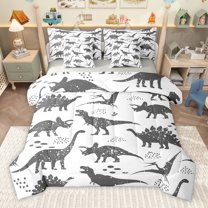 Homewish Wild Dinsaur 7pcs Bedding Comforter Set,Tropical Safari Animal Queen Bedding Sets,Gray White Queen Sheet Sets For Teens Boys,Super Cozy Room Decor Reversible