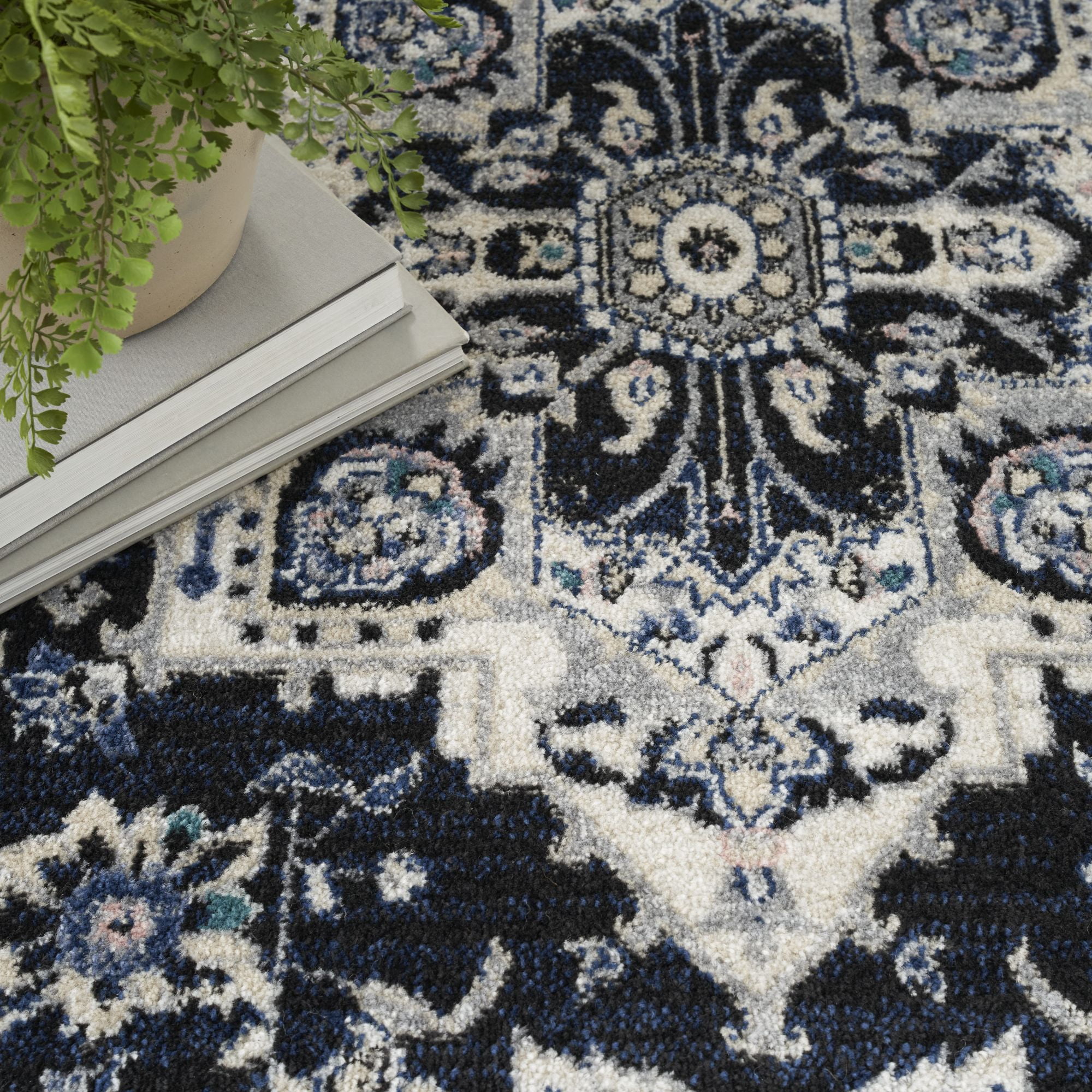 Nourison Passion Black Ivory 5'3" x 7'3" Area Rug, Contemporary, Boho, Bed Room, Living Room, Dining Room, Kitchen, , Easy Cleaning, Non Shedding (5' x 7')