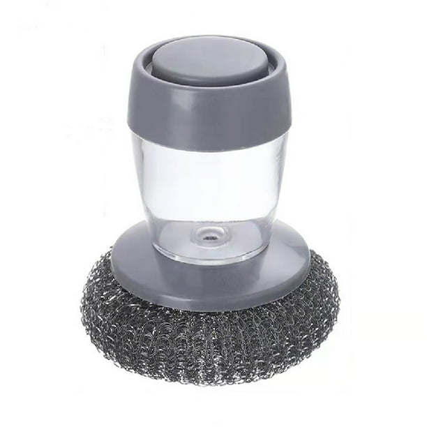 Cepillo automático para fregar jabón líquido con estropajo de alambre de acero | Depósito integrado para lavavajillas y limpieza de cocina | Cepillo para ollas y sartenes con mango corto
