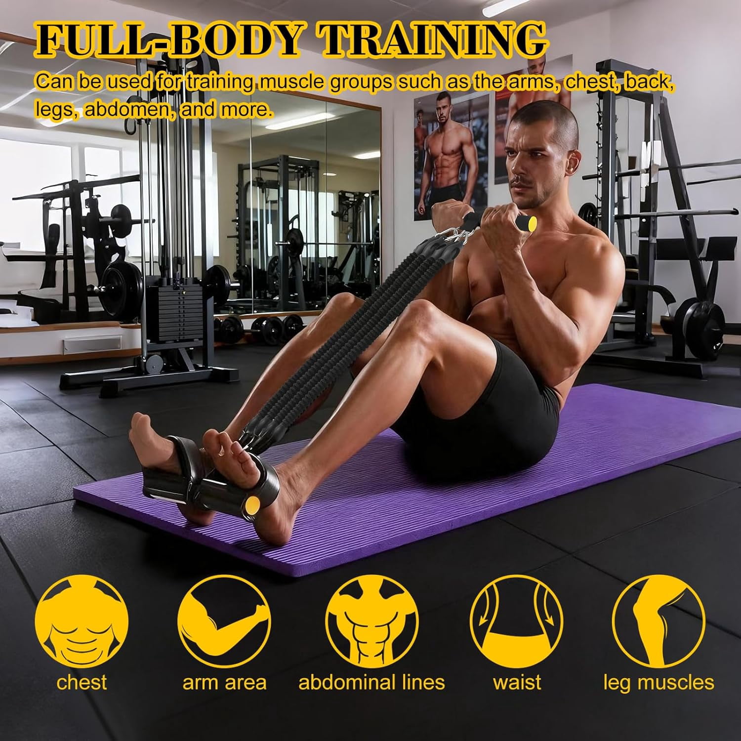 Pedal Resistance Band with Handle - Adjustable 4-Tube Sit-Up Pull Rope, 25-100 lbs, Ergonomic Handles, Full Body Home Fitness Equipment