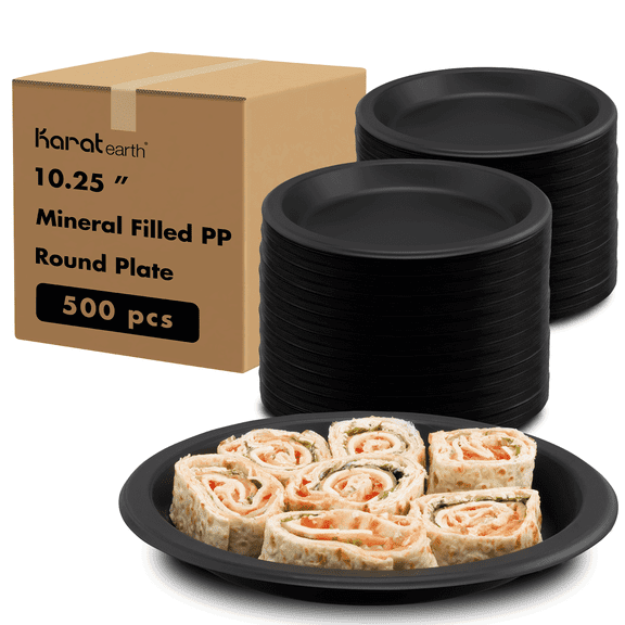 Karat Earth 10 Inch Eco-Friendly Plastic Plates [500 pcs], Black Mineral-Filled PP - Reduces Plastic Use