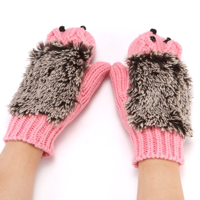 Guantes de punto para mujer, guantes de lana cálidos para otoño e invierno, guantes para dedos de erizo, guantes para dedos de dibujos animados