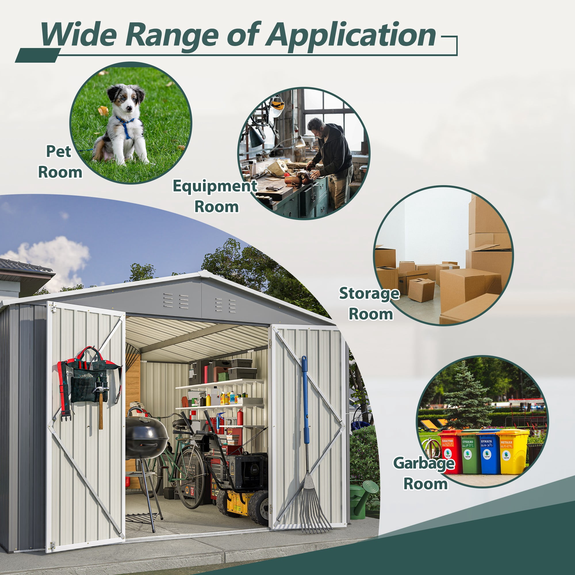 10x10 FT Outdoor Storage Shed, Large Steel Metal Garden Shed with Lockable Door, Storage Tool House for Bike Storage, Tool Storage, Temporary Storage, Backyard, Garden, Patio, Lawn