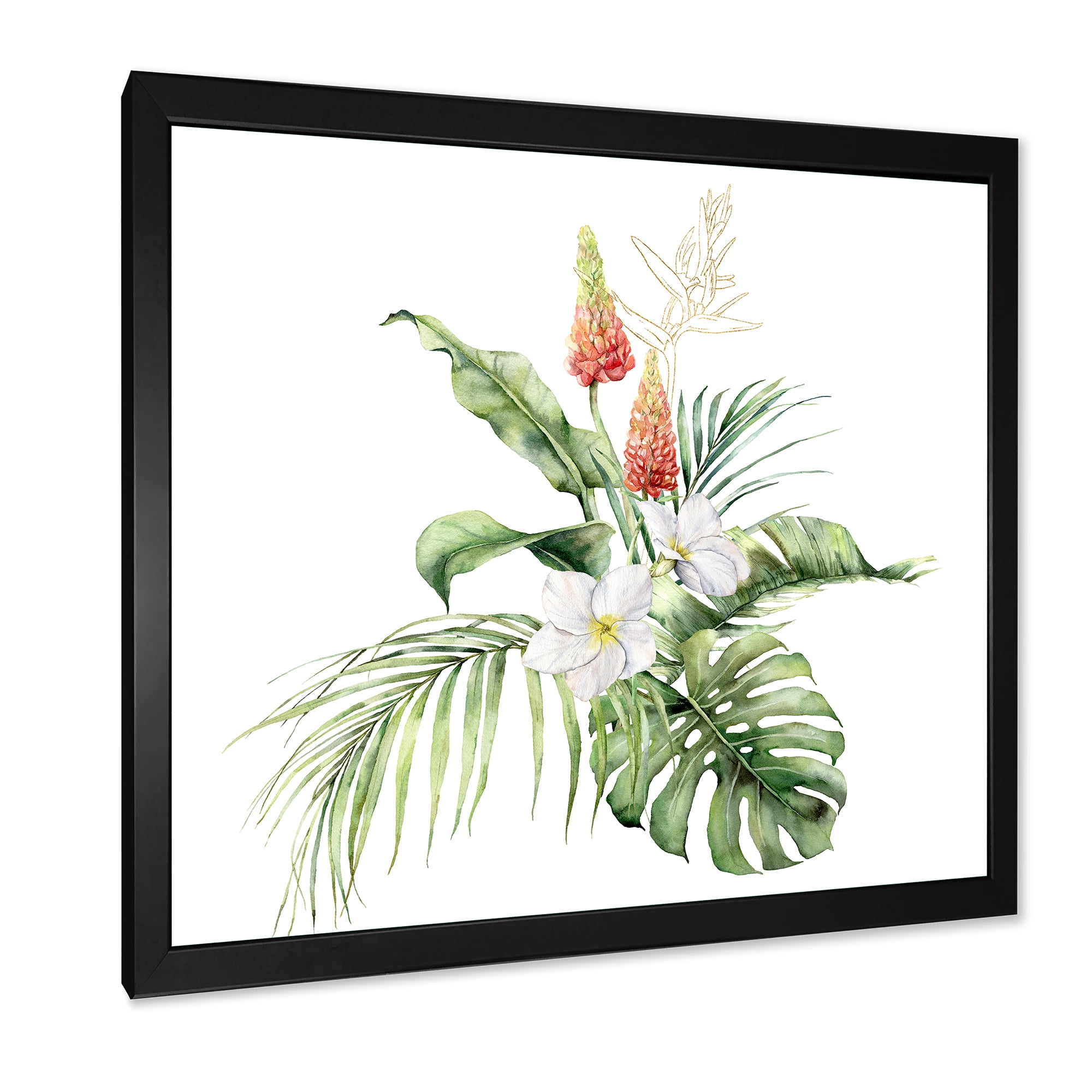 Designart 'Tropical Bouquet With Plumeria Lupine Palm Leaves' Traditional Framed Art Print