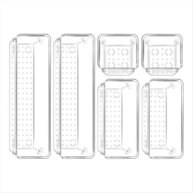 6 organizadores de cajones de plástico, 3 tamaños, transparentes, para tocador de baño, cosméticos y cubiertos.