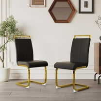 Set of 2 Modern Dining Chairs, High Back PU Faux Leather Upholstered Chair with Gloden Glossy Chromed Legs for Dining Room & Office
