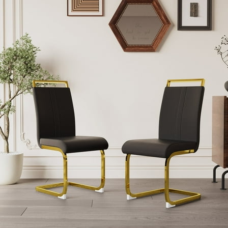 Set of 2 Modern Dining Chairs, High Back PU Faux Leather Upholstered Chair with Gloden Glossy Chromed Legs for Dining Room & Office