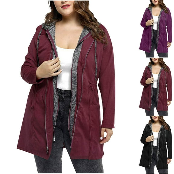 Antinious Womens Plus Size Drawstring Trench Coat Solid Double Zip Layered Hooded Windbreaker,Warm Trench Coat,Casual Winter Coats for Women,Black,XXXXXL