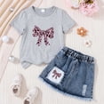 thumbnail image 2 of TOWED22 Girls' 2 Piece Summer Outfit Toddler Short Sleeve Bow Print Tshirt Tee + Denim Skirt Set Casual Clothes(Grey,2-3 Y), 2 of 7