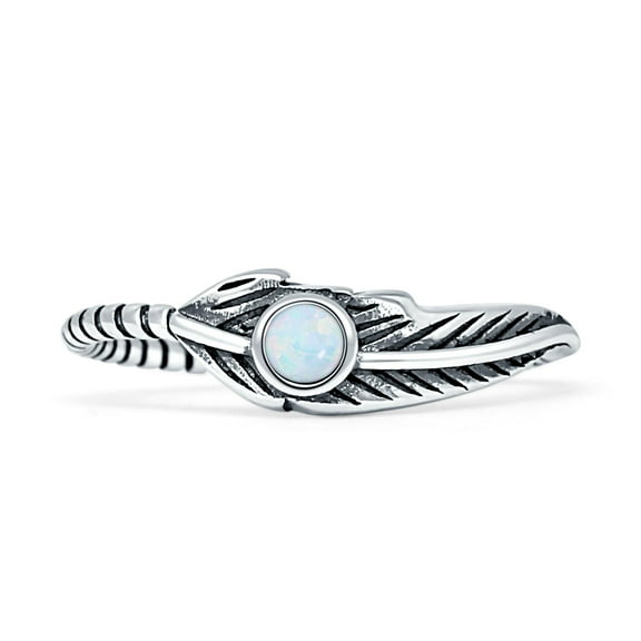 Feather Oxidized Lab Created White Opal Round Ring 925 Sterling Silver Size 5