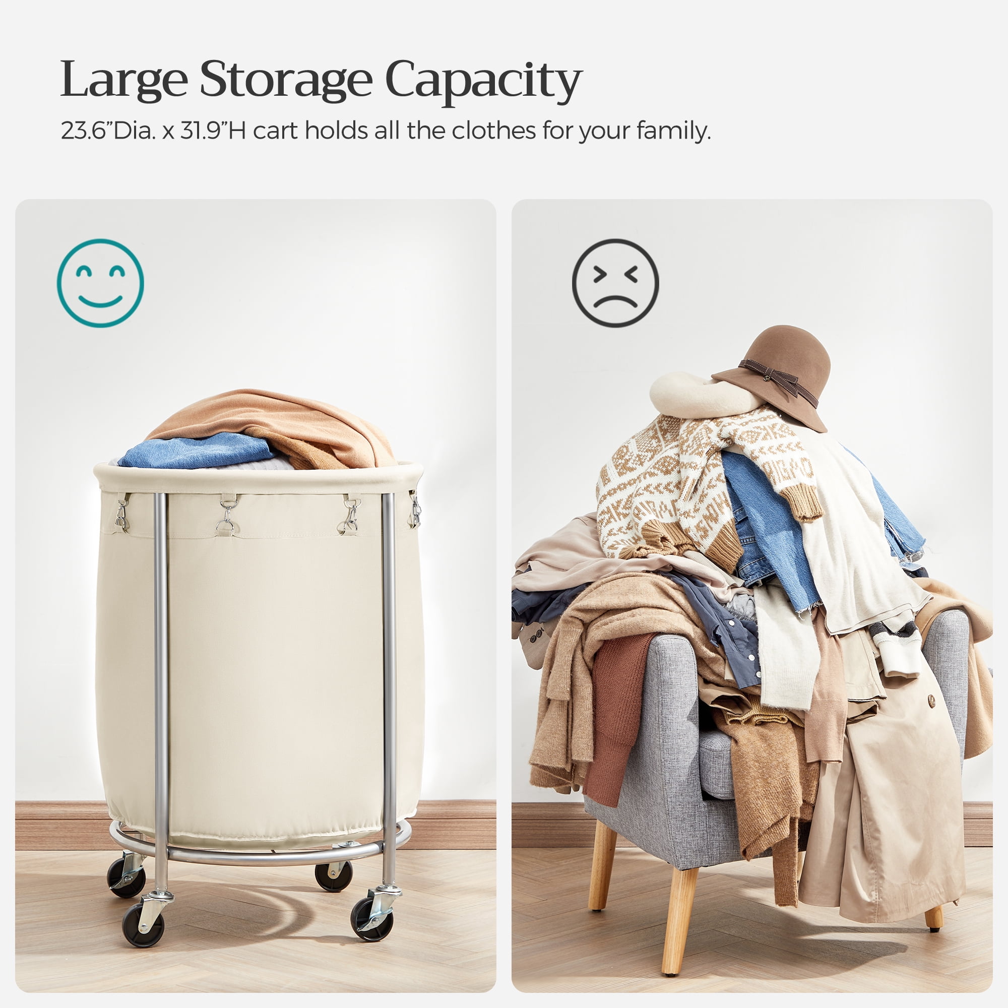 45Gal Round Laundry Sorter Laundry Hamper with Wheels Rolling Laundry Cart with Removable Bag for Laundry Room Cream and Silver