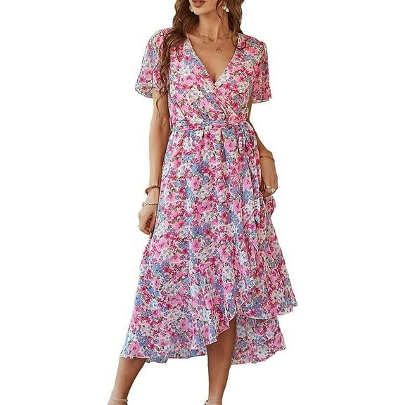PRETTYGARDEN Women's Floral Boho Dress Wear To Work Wrap V Neck Short Sleeve Belted Ruffle Hem A-Line Flowy Maxi Dresses