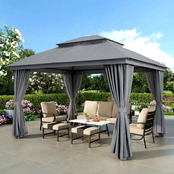 Vitarpatio 10'x13' Outdoor Gazebo with Mosquito Netting and Privacy Curtains, Metal Patio Grill Gazebo Sunshade Canopy Poolside Tent with Ventilated Double Roof, Gray