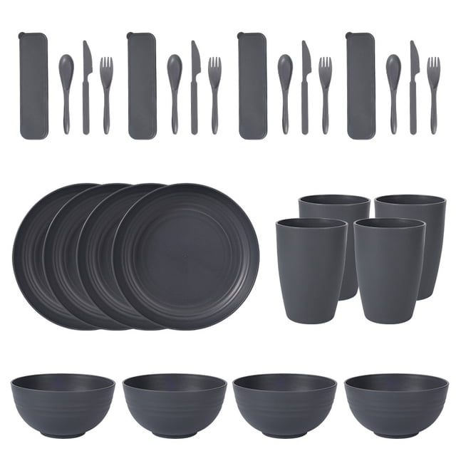 Nvzi 28pcs Wheat Straw Dinnerware Sets for 4 - Lightweight Unbreakable - Microwave Dishwasher Safe - Perfect for Picnic, Dorm,Camping Plates Cups and Bowls Set -Dark Grey