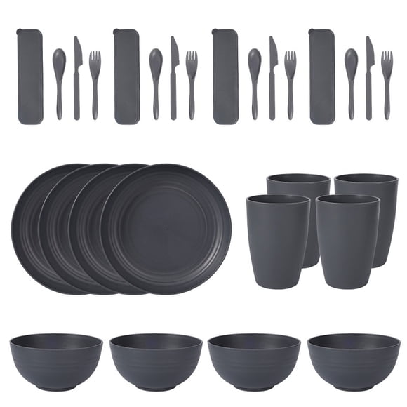 Nvzi 28pcs Wheat Straw Dinnerware Sets for 4 - Lightweight Unbreakable - Microwave Dishwasher Safe - Perfect for Picnic, Dorm,Camping Plates Cups and Bowls Set -Dark Grey