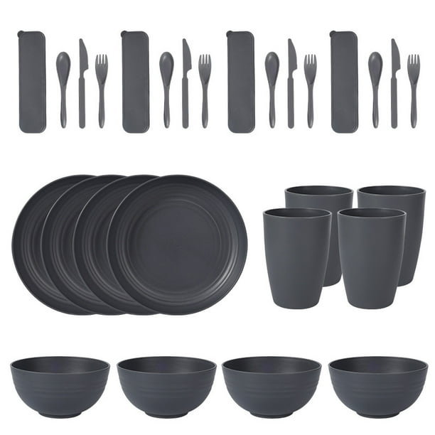 Nvzi 28pcs Wheat Straw Dinnerware Sets for 4 - Lightweight Unbreakable - Microwave Dishwasher Safe - Perfect for Picnic, Dorm,Camping Plates Cups and Bowls Set -Dark Grey
