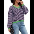 thumbnail image 2 of Suéter de Rayas de Larga para Mujer, Cuello en V, Bloque de Color, Punto Suave, Jersey de Moda Azul y Rosa L, 2 of 8