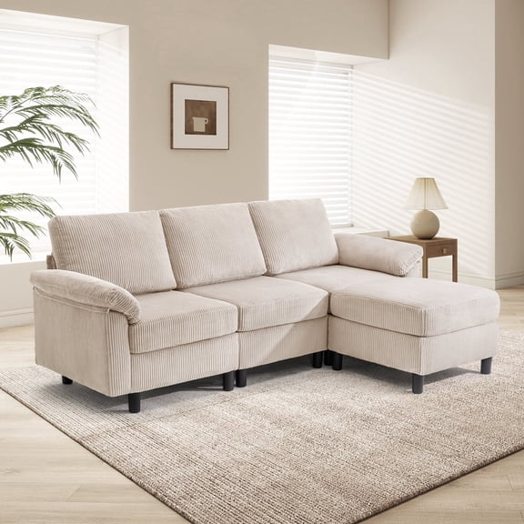 SAETSFEG Sectional Sofa, L-Shape 3-seat Couch with Movable Ottoman, Modern Storage Modular Sofa for Living Room,Beige
