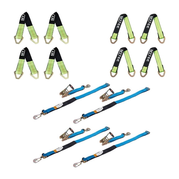 Heavy Duty Car Tie Down Straps Kit for Trailer with Snap Hooks - 8 Pack 2" x 24" and 2" x 36" Axle Straps with D Rings 10,000 lbs BS, and 4 Pack 2" x 8' Car Hauler Tire Straps