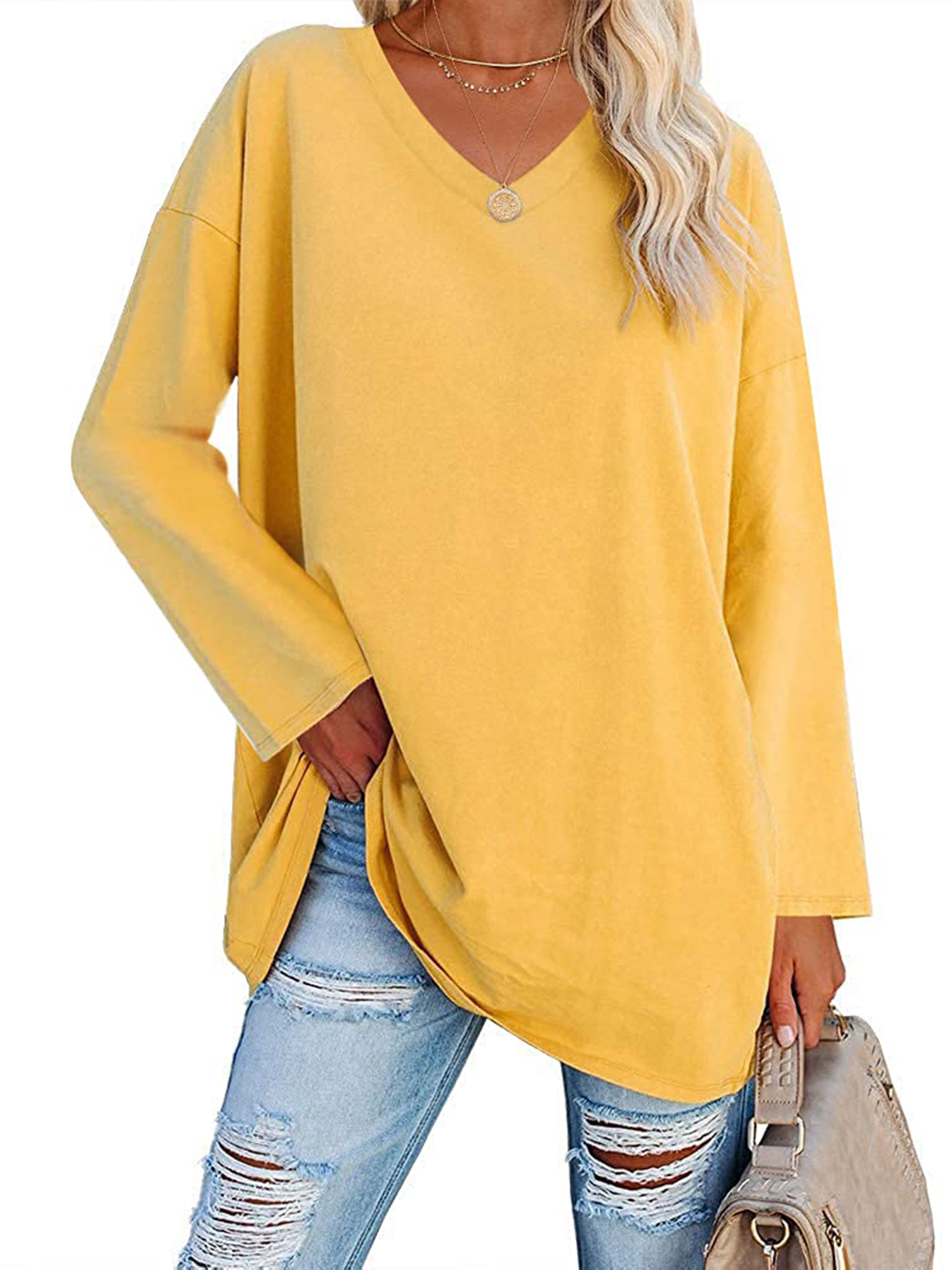 Veatzaer Women's oversized long sleeved top Vneck loose casual tunic