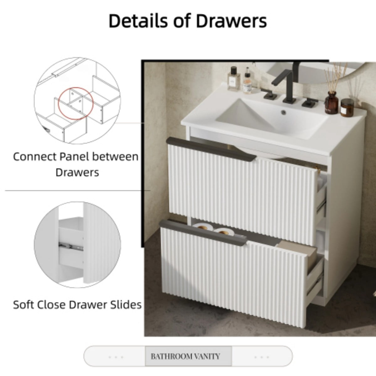30" Bathroom Vanity with Ceramic Sink, Freestanding Bathroom Cabinet with Full Extension Drawers, Soft Close Slides, Fluted Design, White
