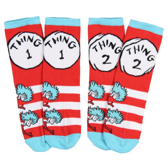 Dr. Seuss Socks Kids Cat In The Hat Thing 1 Thing 2 Pack Crew Socks For Boys or Girls