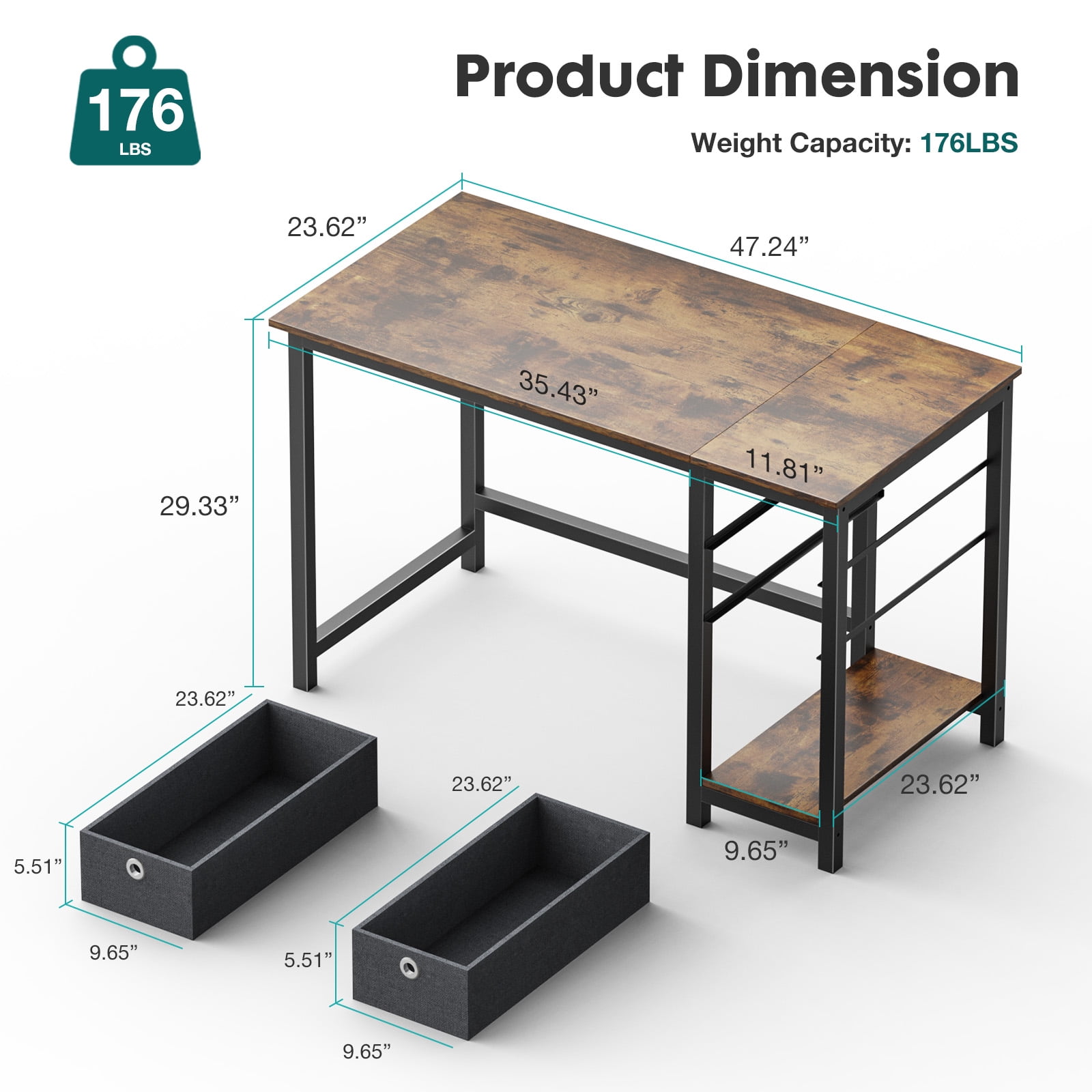 47 Inch Computer Desk with Storage Drawers, Small Office Desk Modern Simple Study Writing Table for Home,Rust Brown