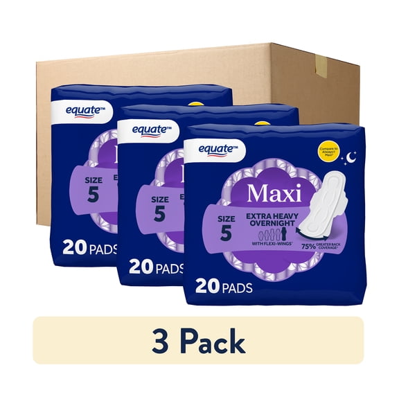 Equate Overnight Maxi Pads with Flexi-Wings, Extra Heavy Overnight Absorbency, Size 5, 60 Count